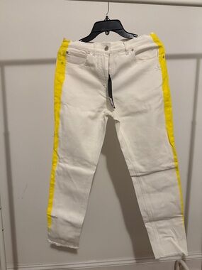 White Skinny Jeans with Yellow Side Stripe